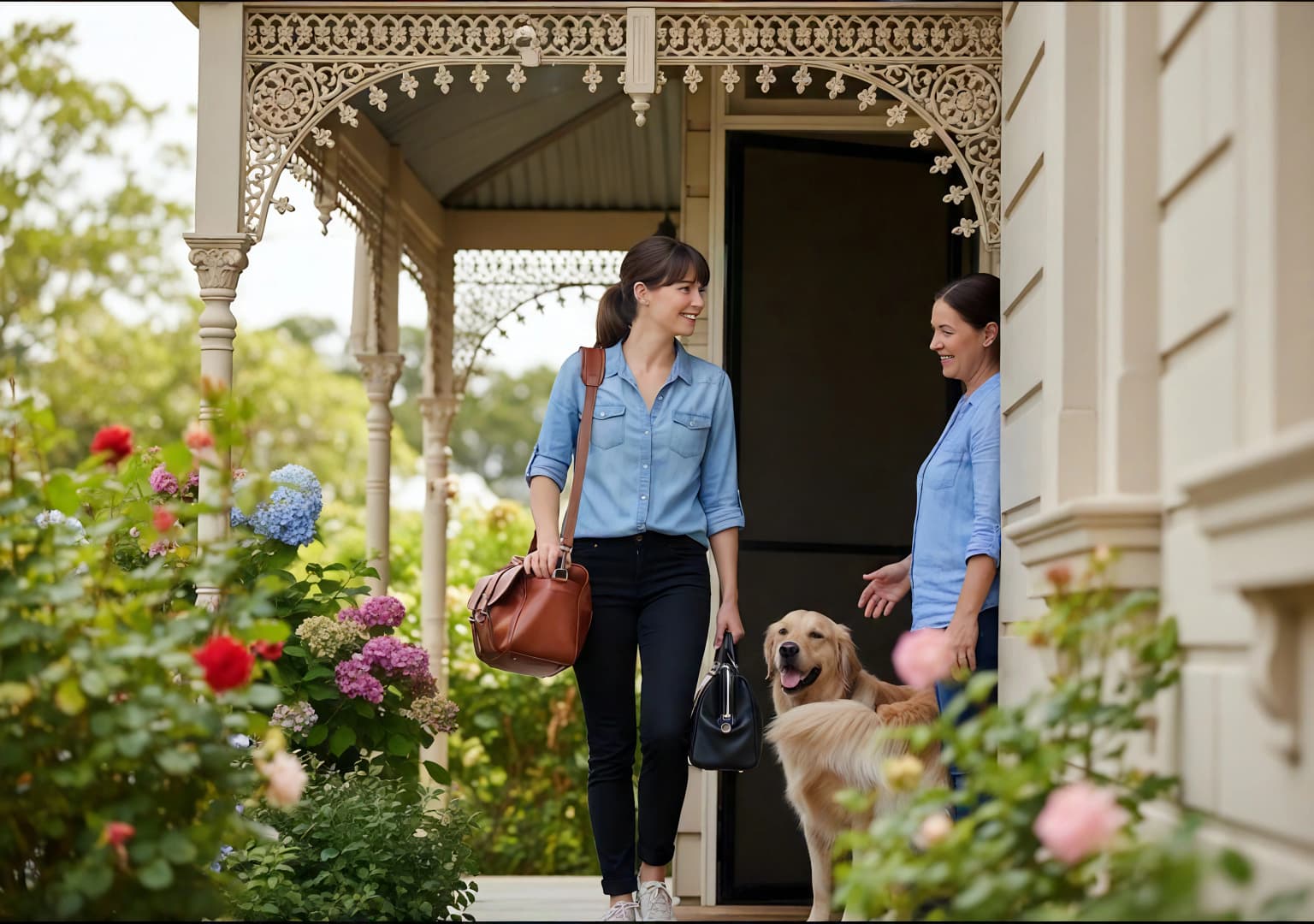 Veterinarian arriving at a home to care for a golden retriever